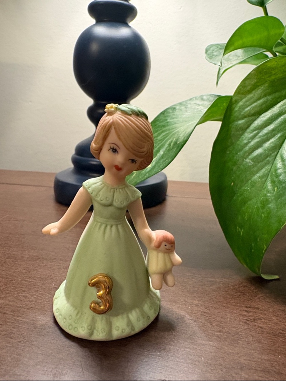 Growing Up Ceramic Girl Figurine in Pale Green with Gold '3'